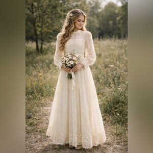 Vintage Gunne Sax Style Prairie Wedding Dress Angelair ILGWU Lace Maxi